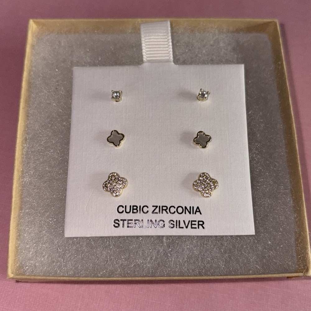 3 Pairs of 14k Gold plated Sterling Silver/CZ Stone Stud earrings new